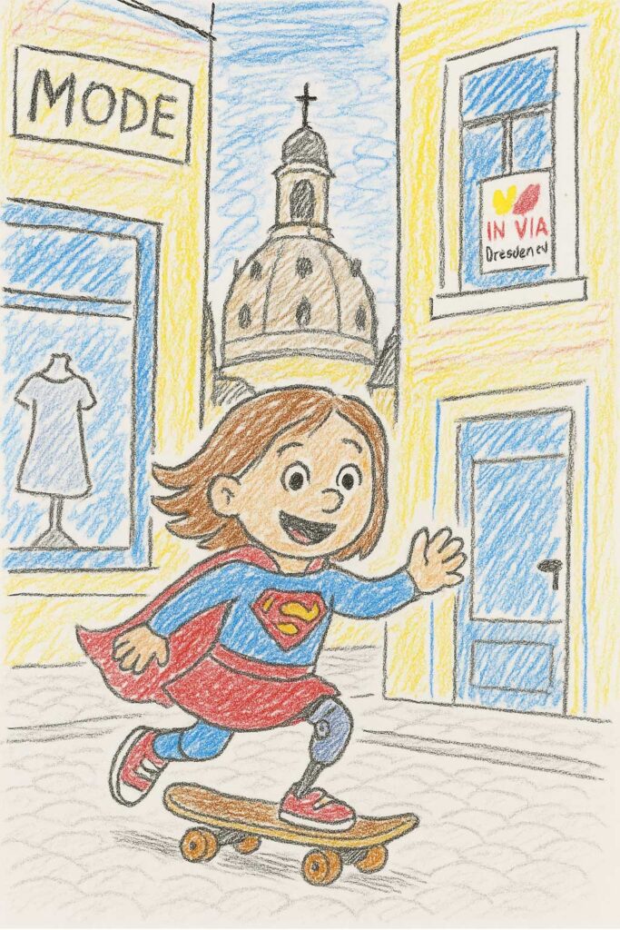 Eine Zeichnung eines Mädchens auf einem Skateboard, sie trägt ein Superman-Kostüm
